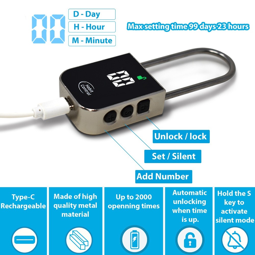 Habit Control Time Lock, Timed Locker Padlock, Pad Lock with Timer & Steel Cable