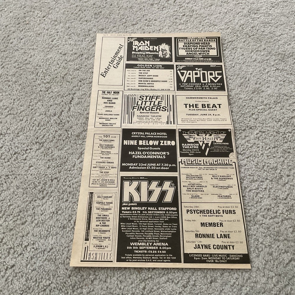 KISS WEMBLEY IRON MAIDEN SOUNDHOUSE VAN HALEN RARE 1980 UK GIG AD CLIPPING PAGE