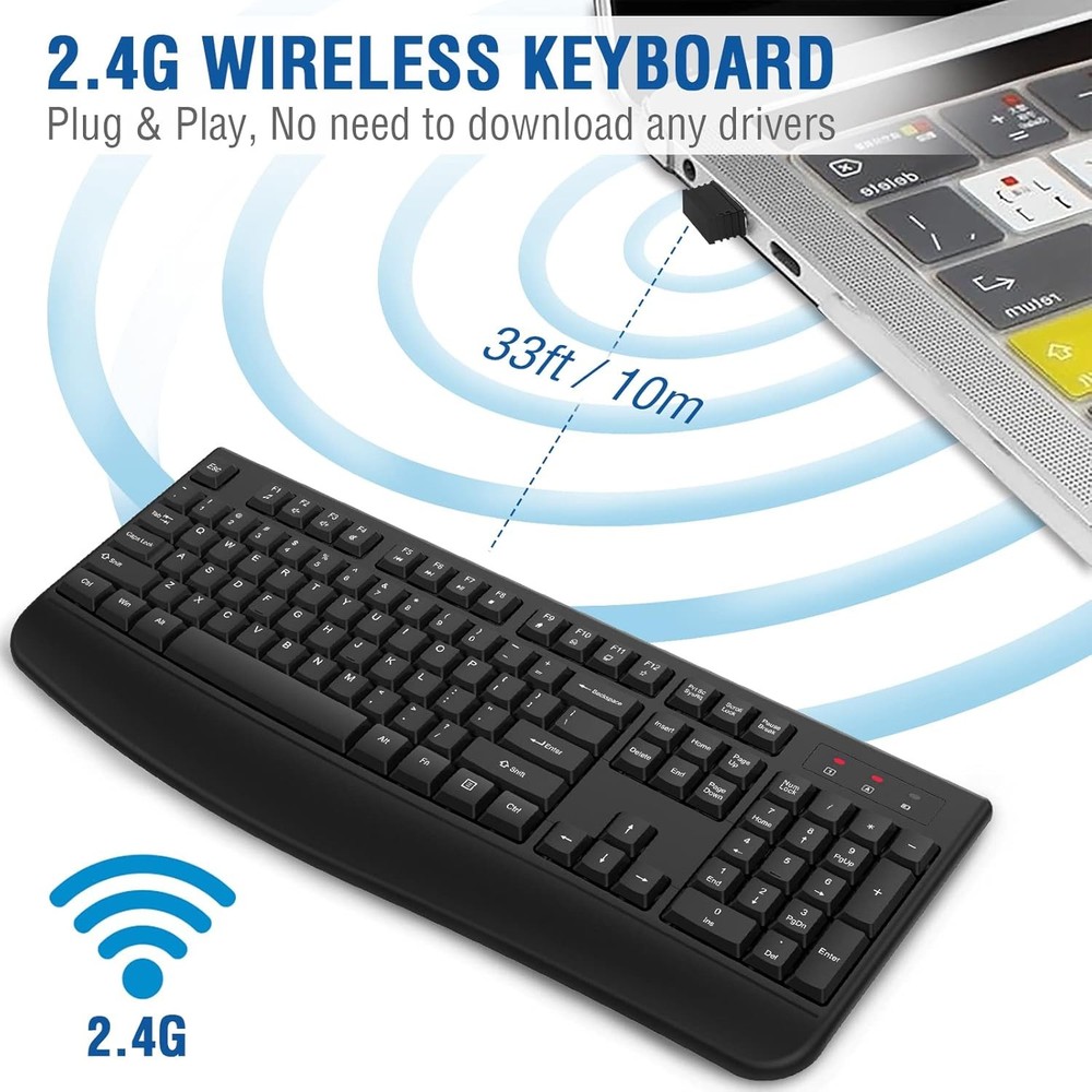 EDJO Wireless Keyboard, 2.4G Ergonomic Full Size Computer black