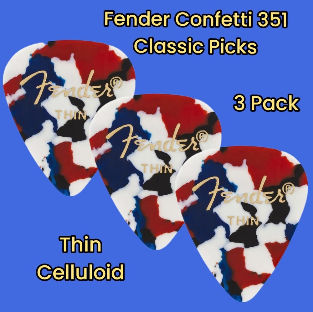 Fender 351 Classic Celluloid Guitar Picks, Confetti, Thin, 3 Pack