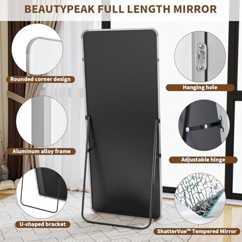 Silver Full Length Mirror, 56"x21" Rounded Corner