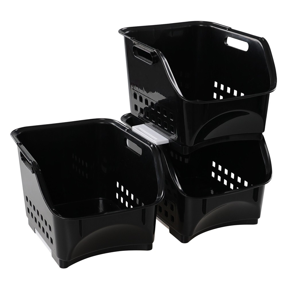 Cand 3-Pack Black Plastic Stacking Organizer Basket, Plastic Stackable Basket