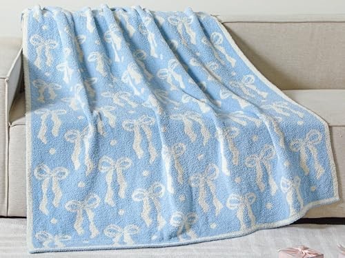Bow Blanket Winter Soft Microfiber Bow Throw Blanket Double Sided Blue