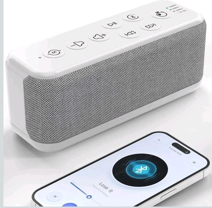 Bluetooth White Noise Machine, 15 Sounds, Timer, Memory, Portable, White/Gray