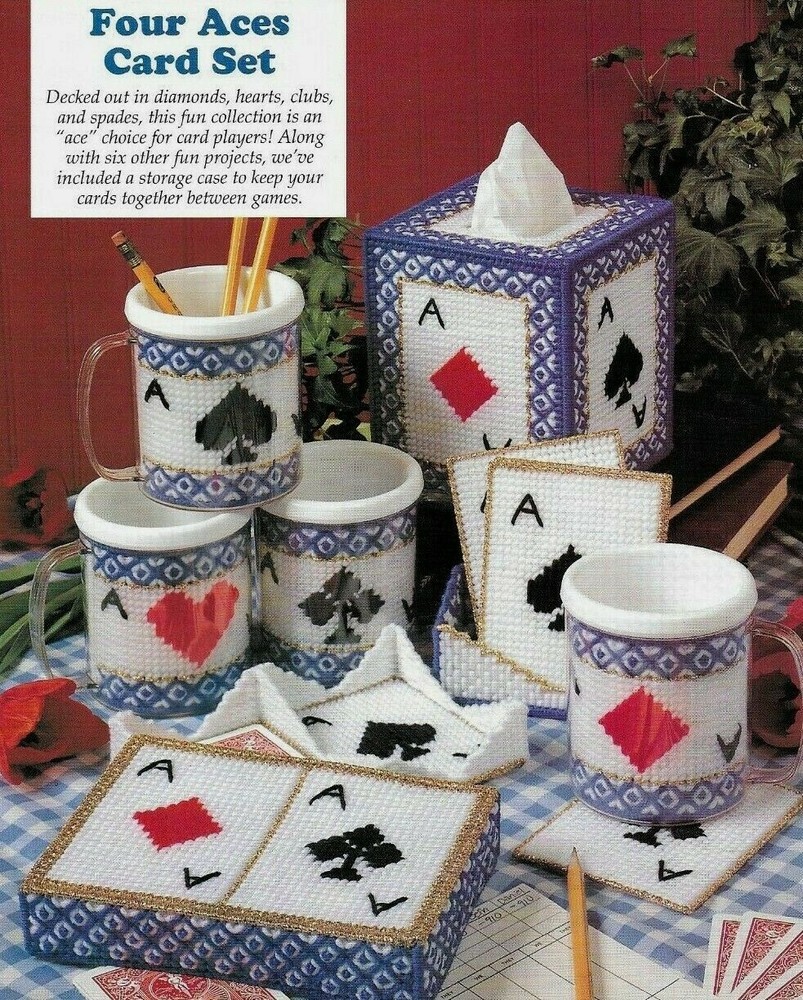 FOUR ACES CARD SET TISSUE COVER HOME DECOR PLASTIC CANVAS PATTERN INSTRUCTIONS