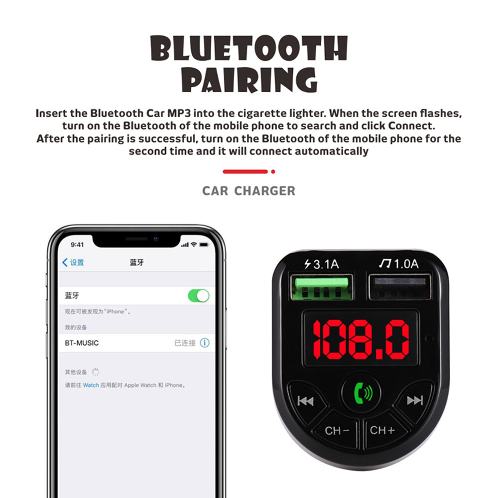 LED FM Transmitter BT-Compatible 5.0 Car kit Dual USB Charger MP3 Music Player
