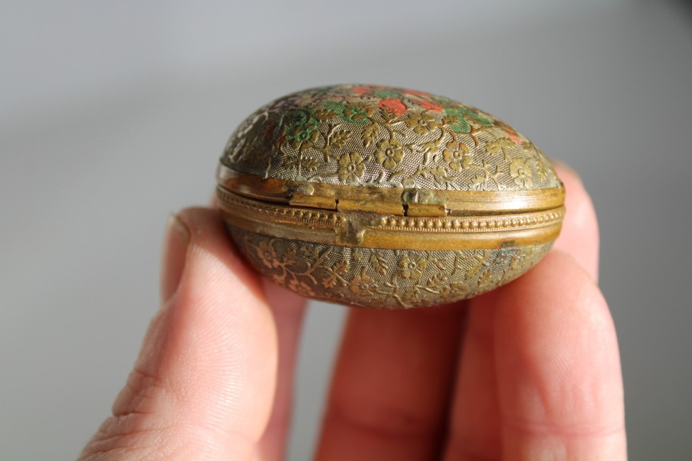 Antique 19th Century Painted Brass Egg Chatelaine Thimble Case w/ (2) Thimbles