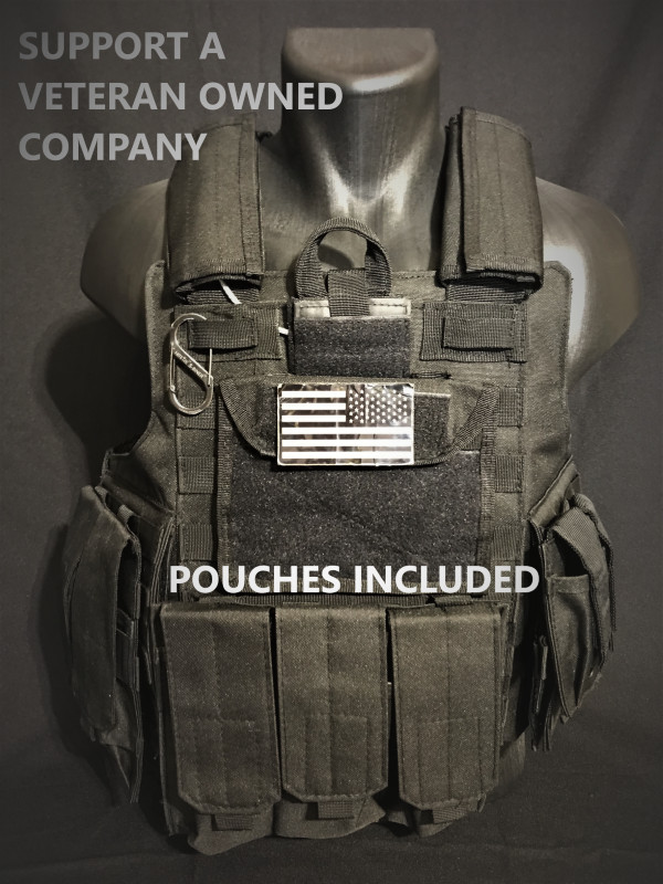Tactical Vest Plate carrier- Black w/ 2 Curved 8x10 Plates & Pouches Included