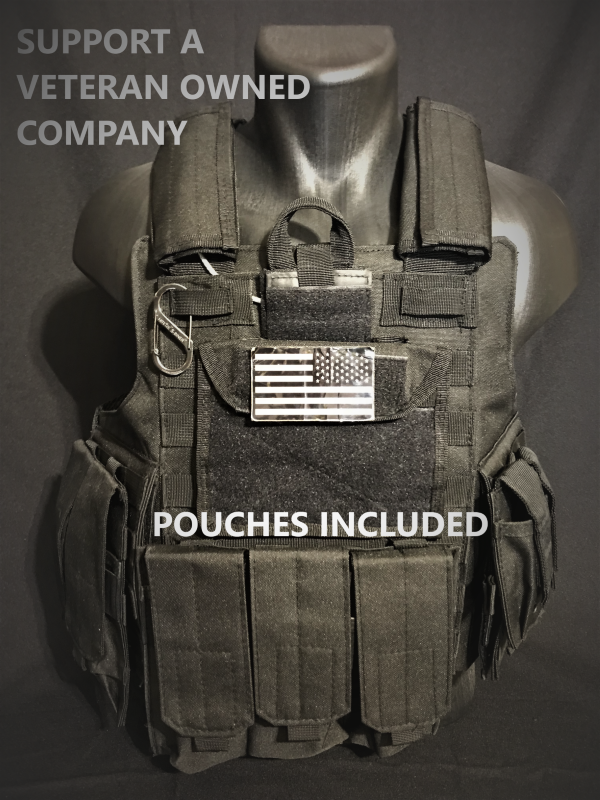 Tactical Vest Plate carrier- Black w/ 2 Curved 8x10 Plates & Pouches Included
