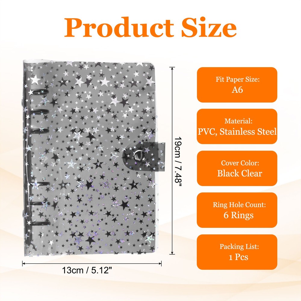 A6 Binder Cover, Stars Refillable Notebook Shell with Snap Button, Black