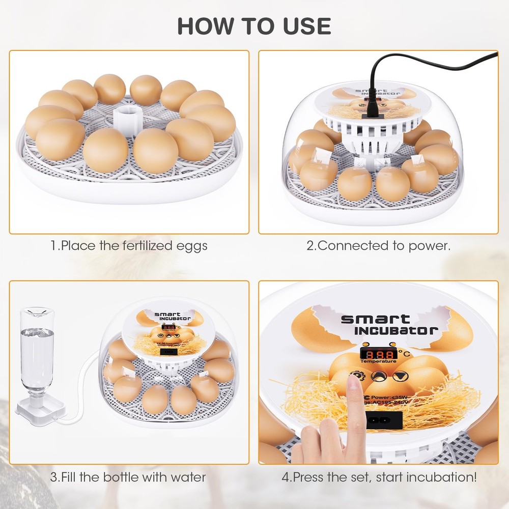 Incubators for Hatching Eggs, 12 Egg Incubator with Automatic Turning White