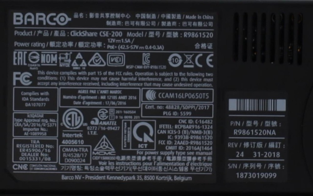 BARCO CLICKSHARE CSE-200 R9861520 WIRELESS PRESENTATION SYSTEM BASE UNIT