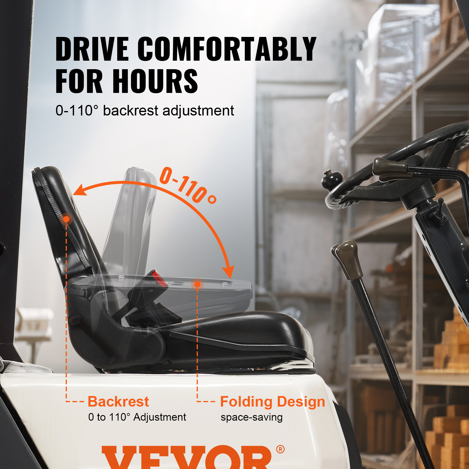 VEVOR Universal Forklift Seat Fold Down Forklift Seat Adjustable Back & Seatbelt