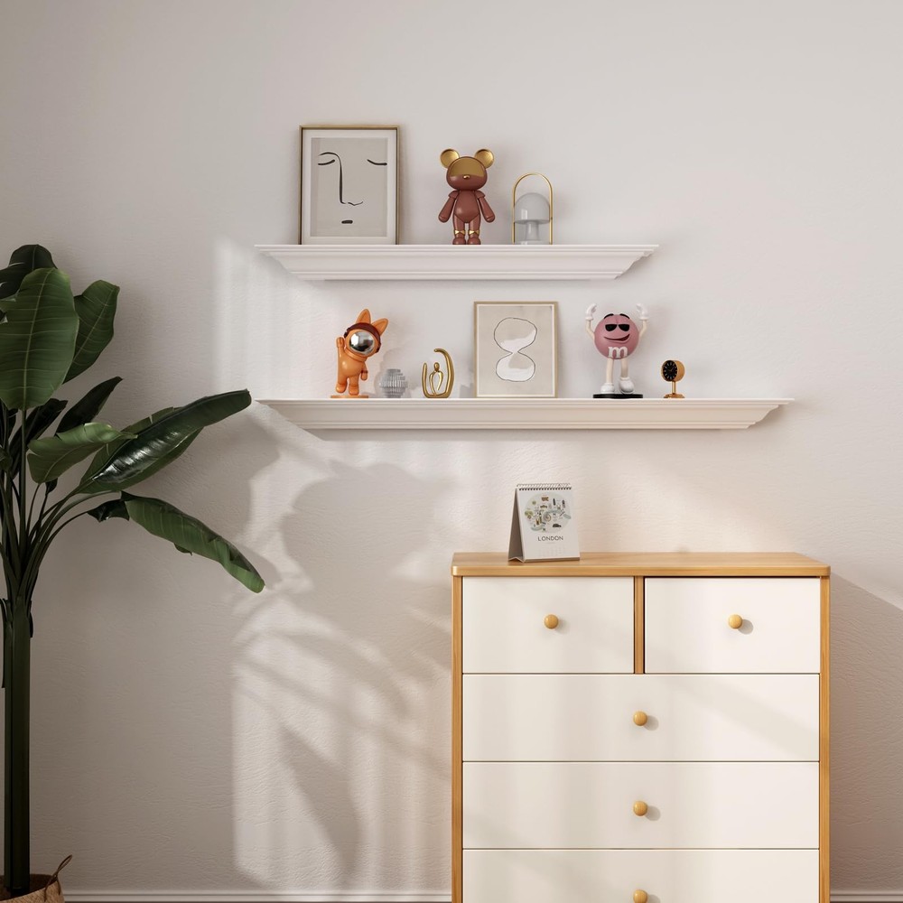 Solid Wood White Floating Shelves Wall Mounted, Molding Floating Wall Display...