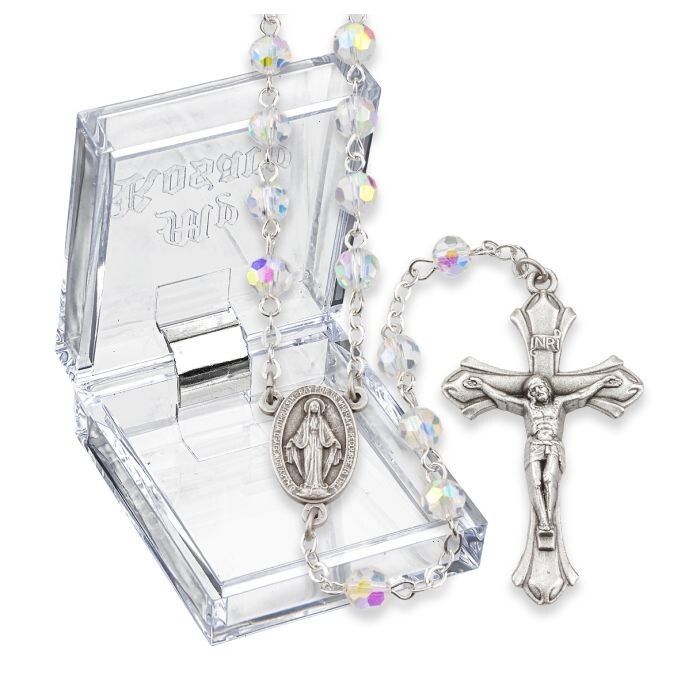 Crystal April Birthstone Rosary,  Tin Cut
