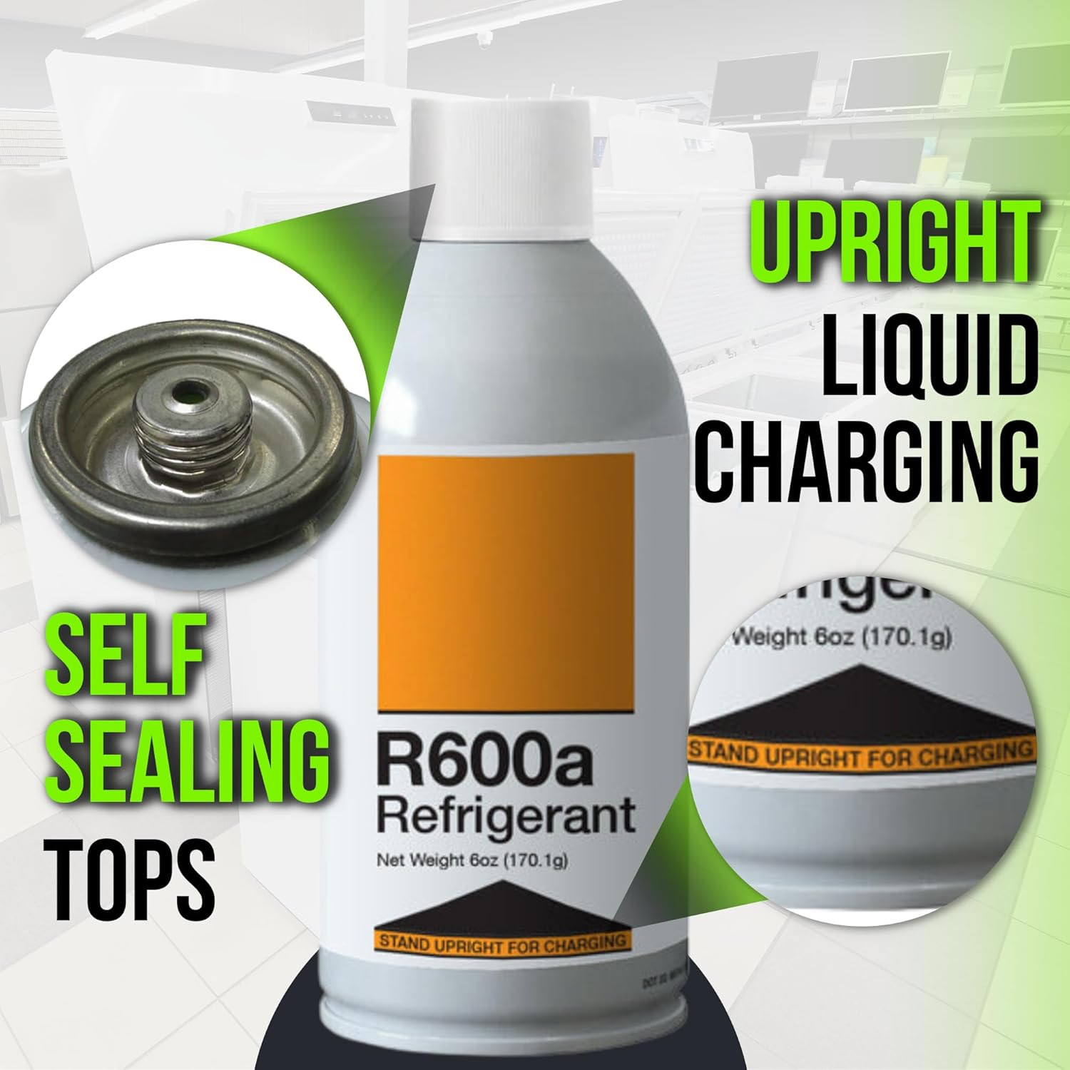 R600A Refrigerant - Upright Charging Self Sealing Can - 6Oz Can - R6