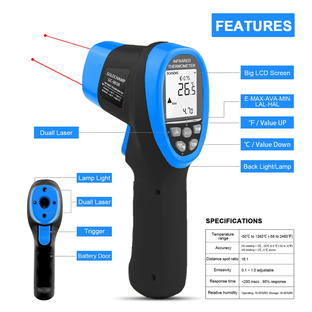 BTMETER Infrared Thermometer Laser -58~2480℉ Handheld Temperature Gun Pyrometer