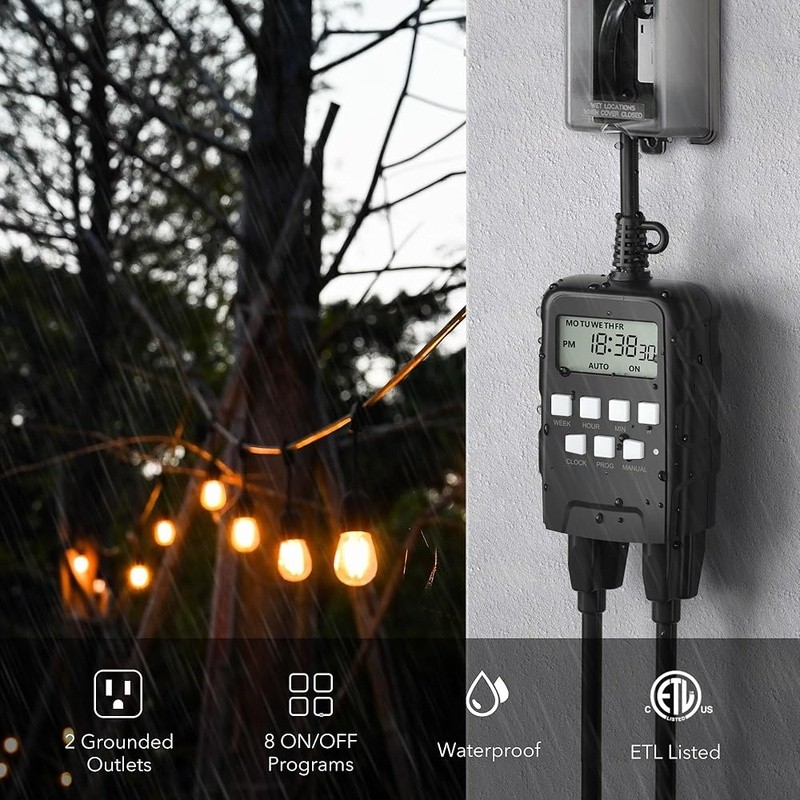 Digital Outdoor Timer Dual Outlets 8 Programmable Settings Waterproof Device New