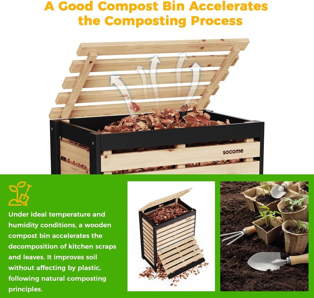 95 Gallon Solid Wood Composter Outdoor Compost Bin W/ Pull-Out Door Large