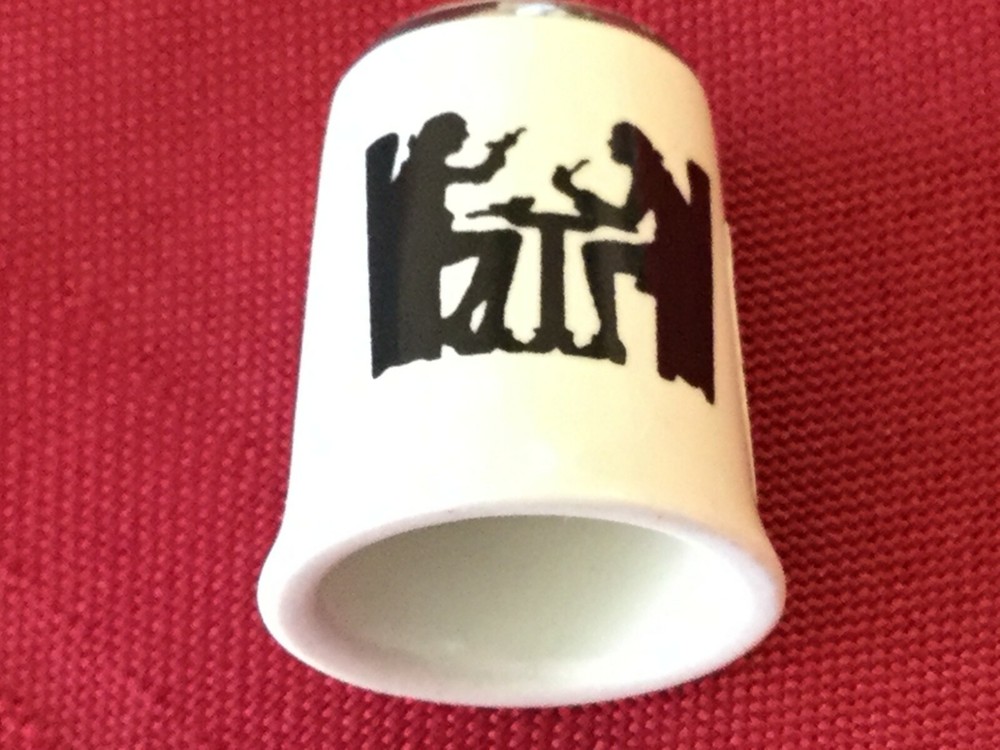 Dining Silhouette Pattern Thimble 1" Tall, Pattern Both Sides Silver Trim