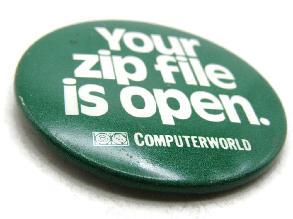 Vintage Computerworld Pinback Button 'Your Zip File Is Open' Retro Tech Humor