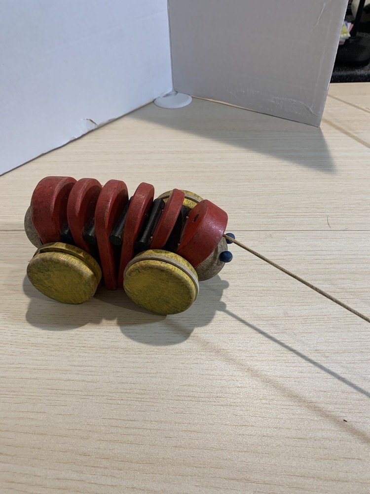 Vintage Inch Worm Pull Toy Solid Painted Wood Action Hand Made 7"