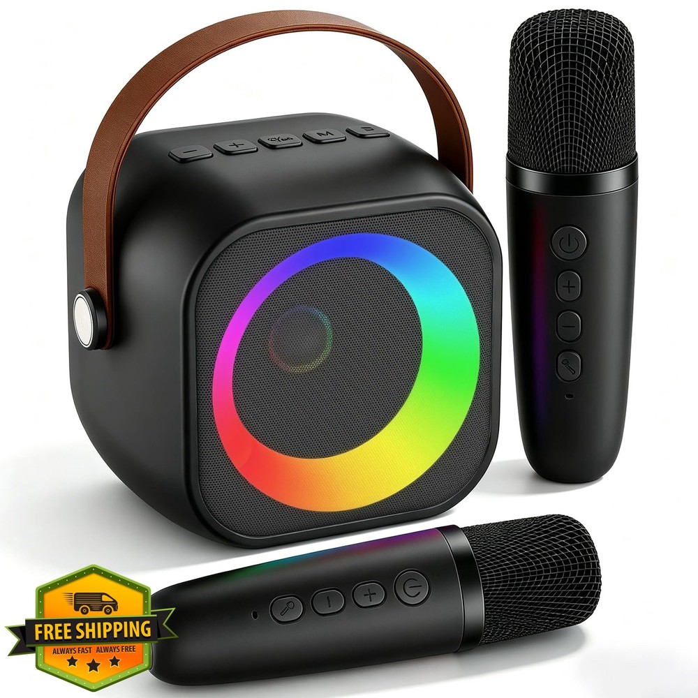 Portable Karaoke Machine Black 2 Wireless Mics Lights