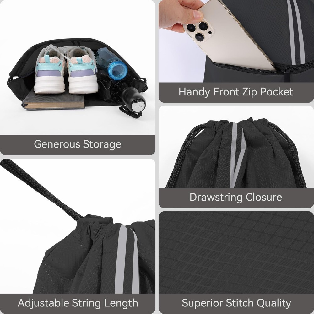 JOYNYON Drawstring Backpack Sports Gym Bag, Draw String Large, Two Tone Black