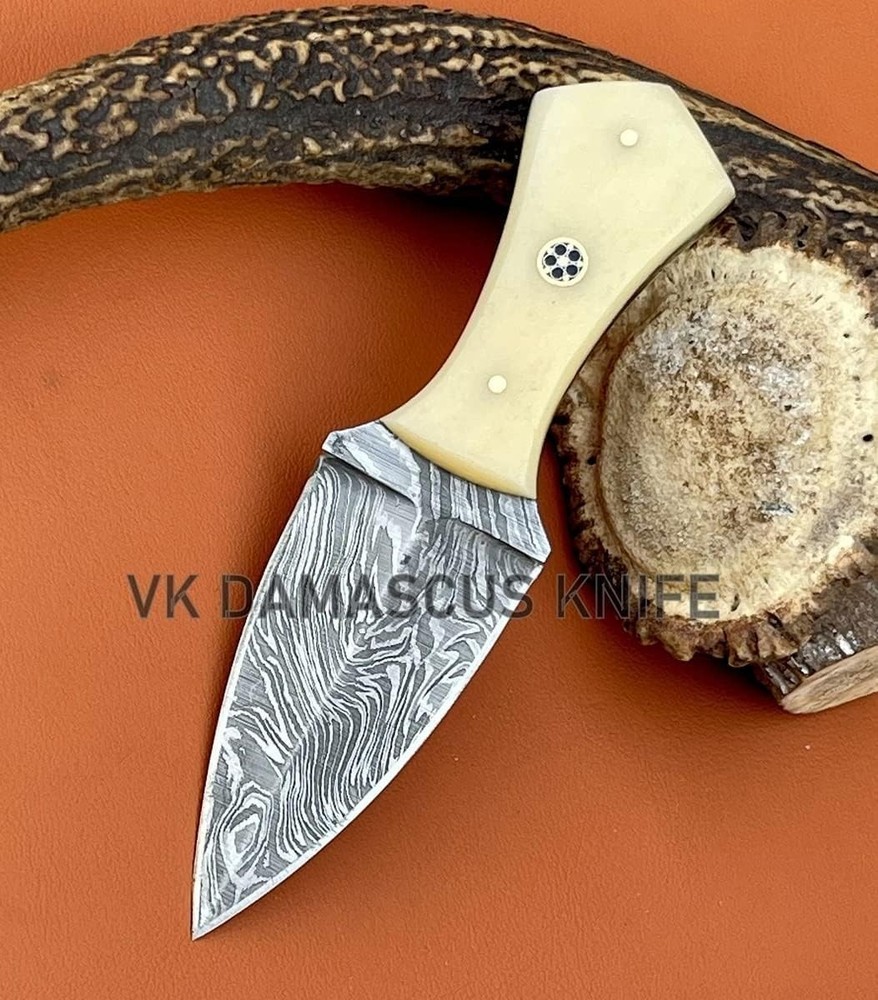 Damascus Small Fixed Blade Neck Knife with Sheath, Handmade Double Edge Dagger