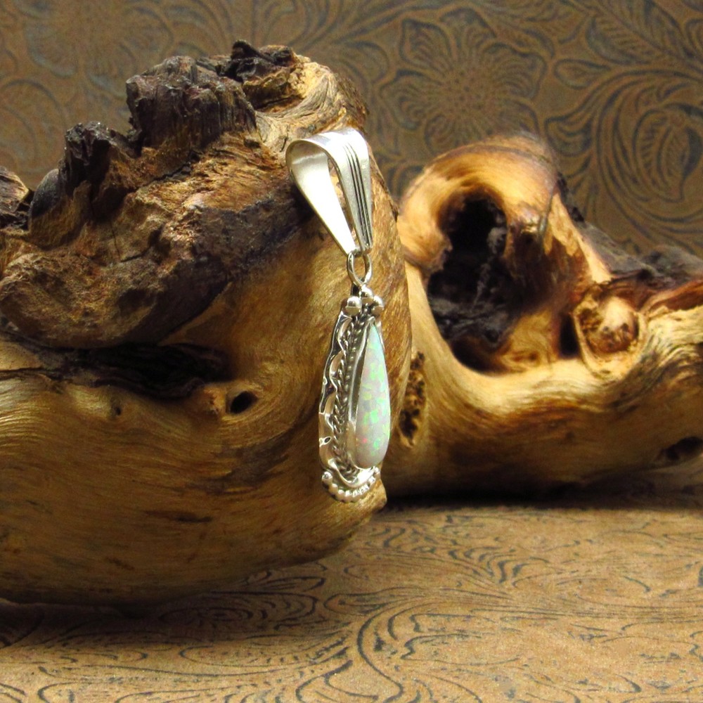 *Sterling Silver Lab Created White Opal Pendant