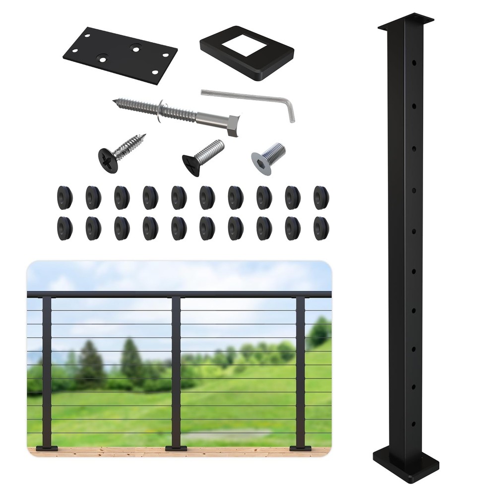 36" Stainless Steel Cable Railing Post with Flat Bracket, Surface Mount for Deck