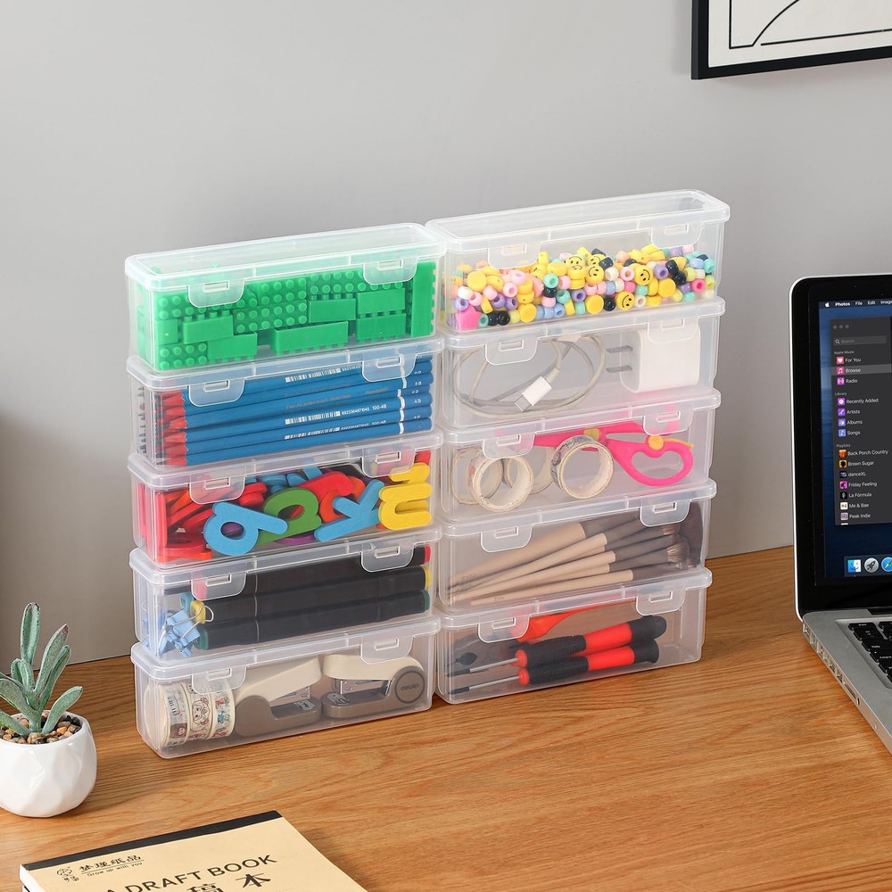 10 Pack Clear Plastic Pencil Case Boxes - Narrow Stackable Storage Organizers...