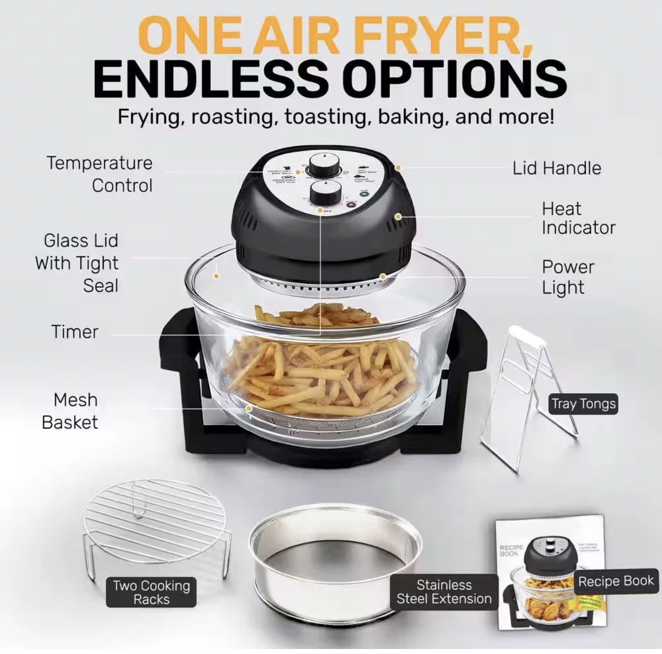 16 Qt. Black Oil-Less Air Fryer with Built-In Timer