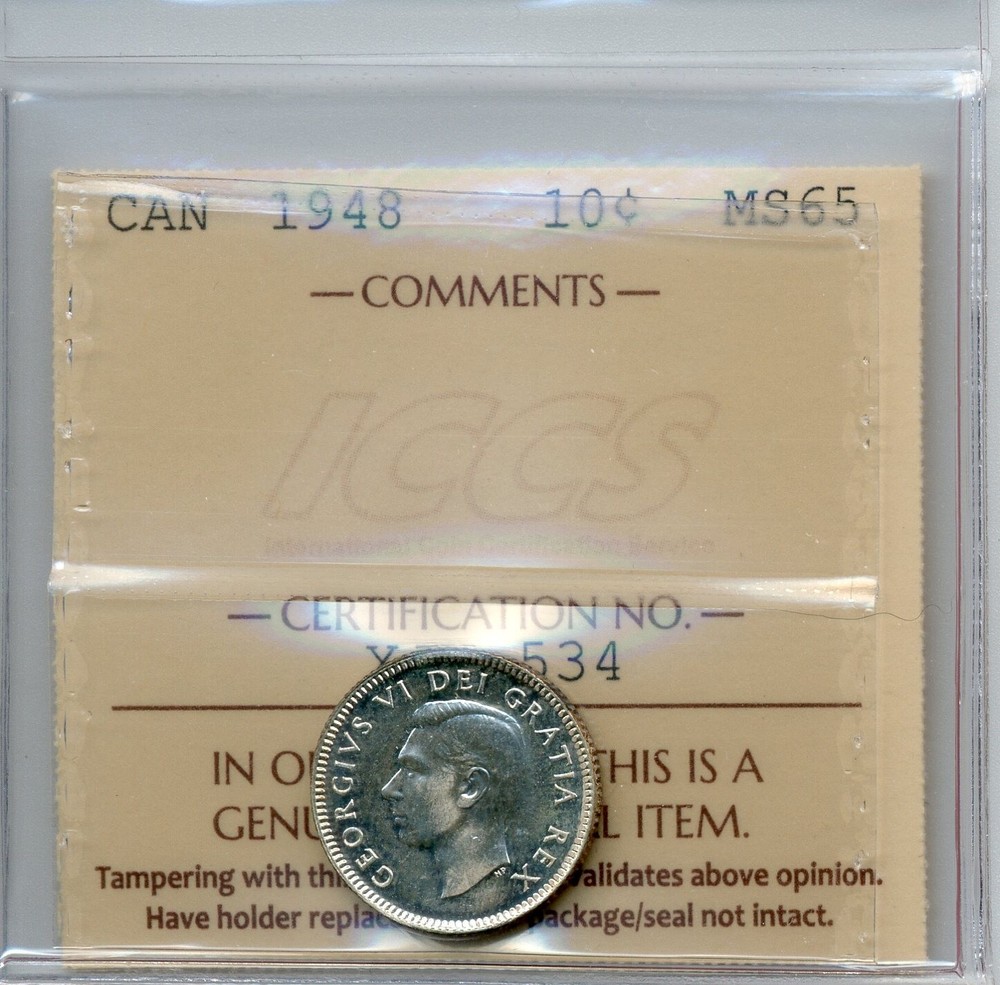 1948 Canada 10 Cents - Gem Uncirculated, ICCS MS 65