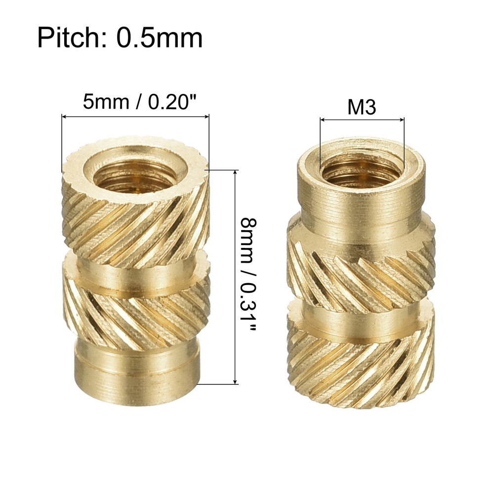 Knurled Insert Nut M3x8mm Lx5mm OD Female Thread Brass Embedding Nut 60Pack