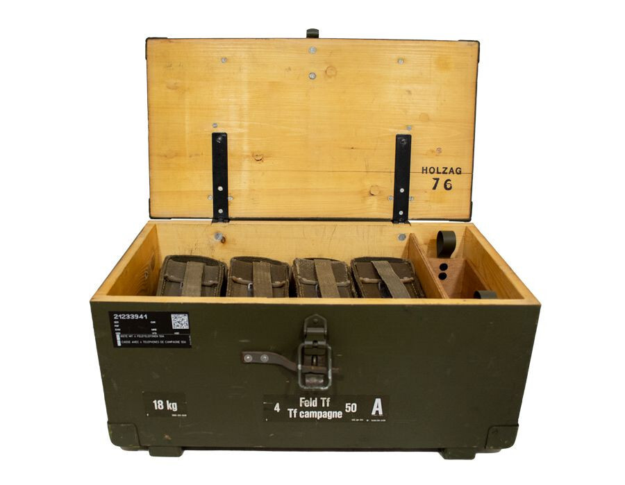 Vintage Swiss Army EN50-A Field Telephones, 4 Phones and Crate