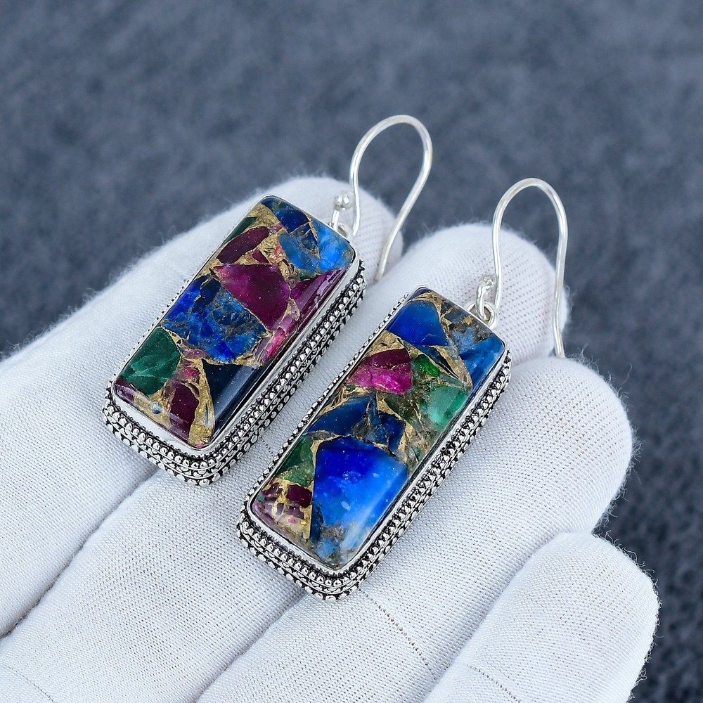 Multi Copper Turquoise Gemstone Handmade Earrings - 925 Solid Sterling Silver