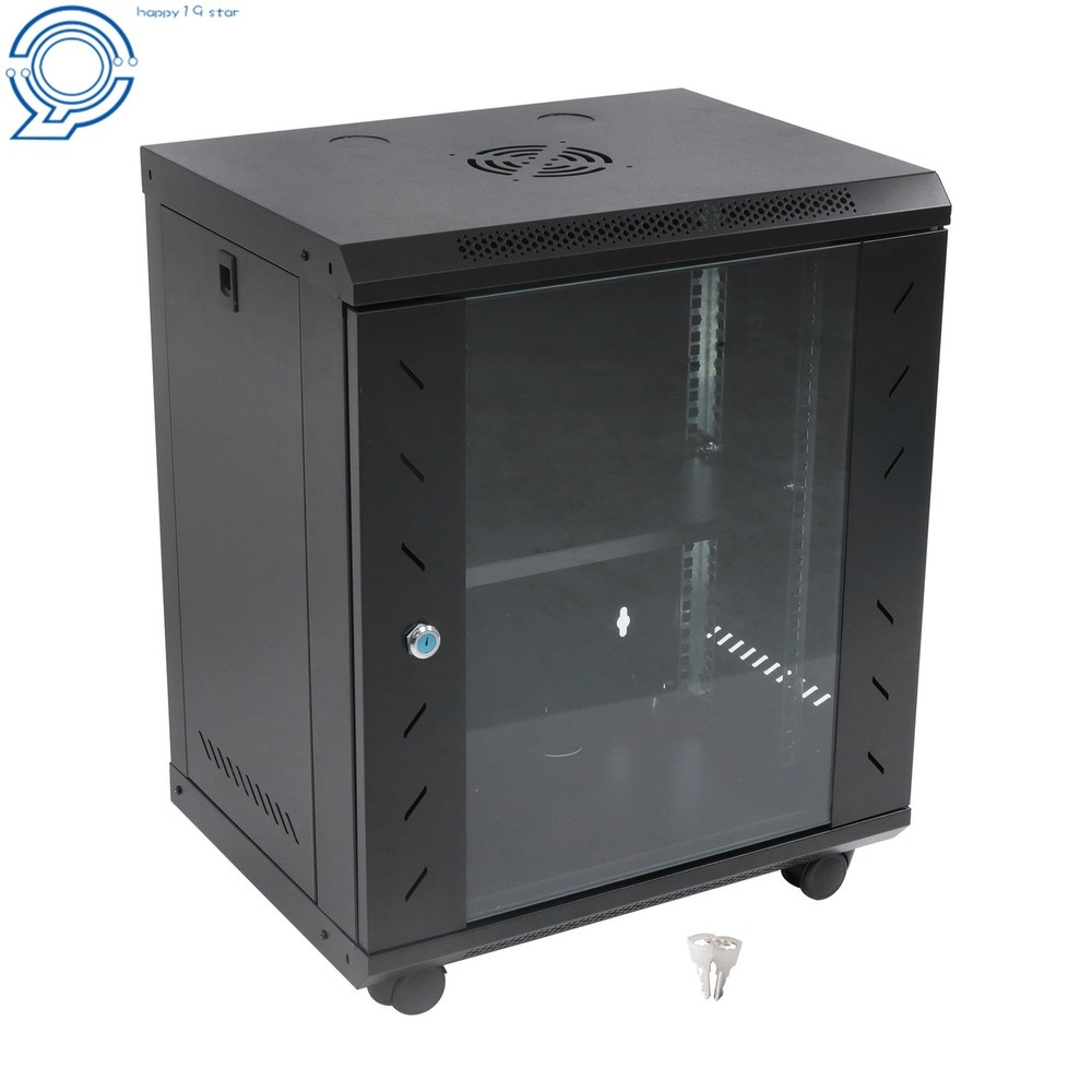 12U Enclosed Server Rack 15.5" Deep, Secure Lock Glass Front & Sides