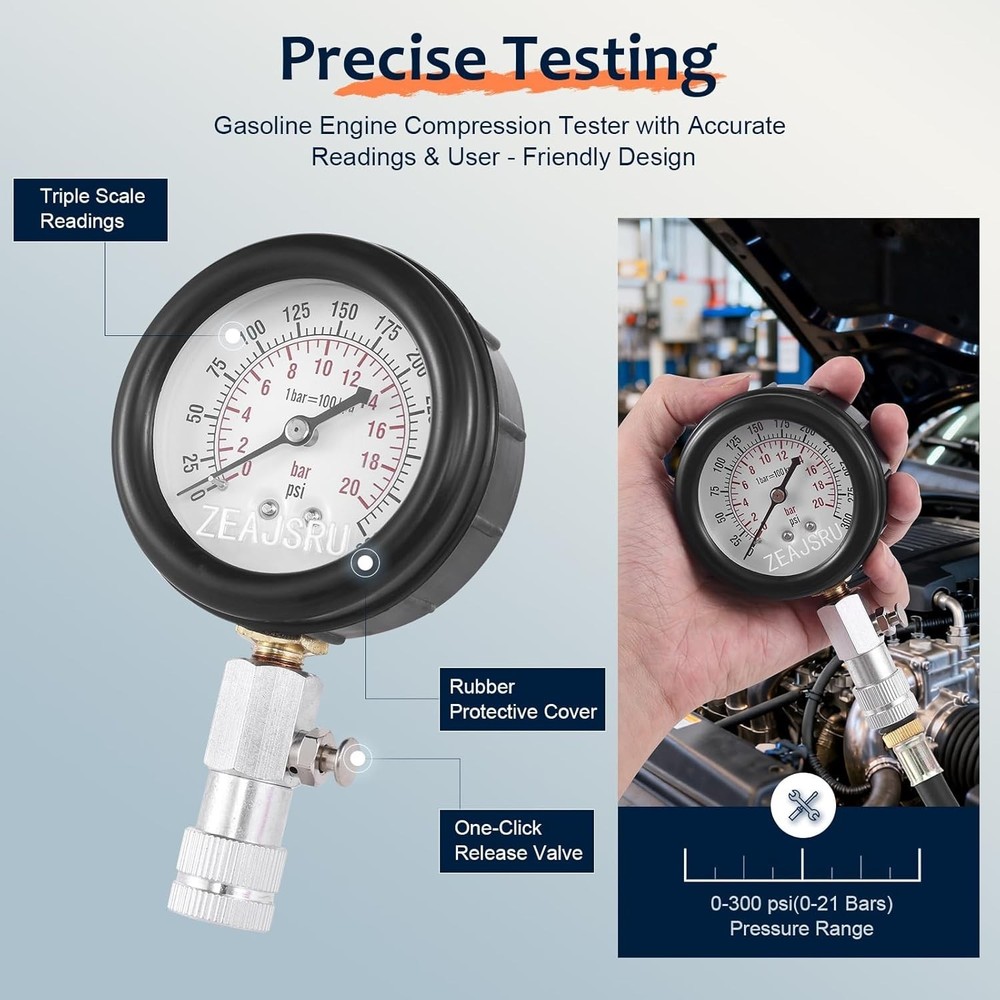 Comprehensive Engine Compression Tester Kit - Clear Dual Scale Gauge & Adapters
