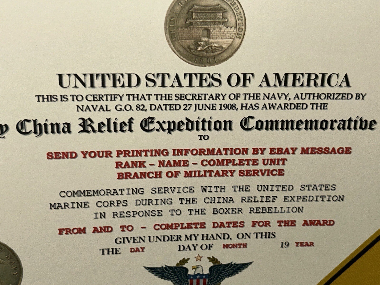 NAVY CHINA RELIEF EXPEDITION COMMEMORATIVE MEDAL CERTIFICATE ~ W/PRINTING TYPE-1