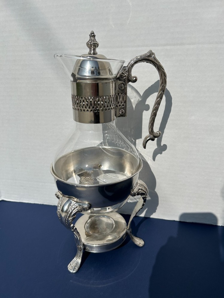 Vintage Silver Plated and Glass Coffee Tea Carafe Pot with Warming Stand