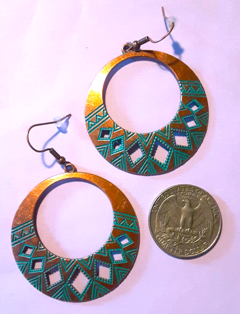 AGED COPPER INDIAN style LARGE HOOPS earring FISH HOOK artisan SP40