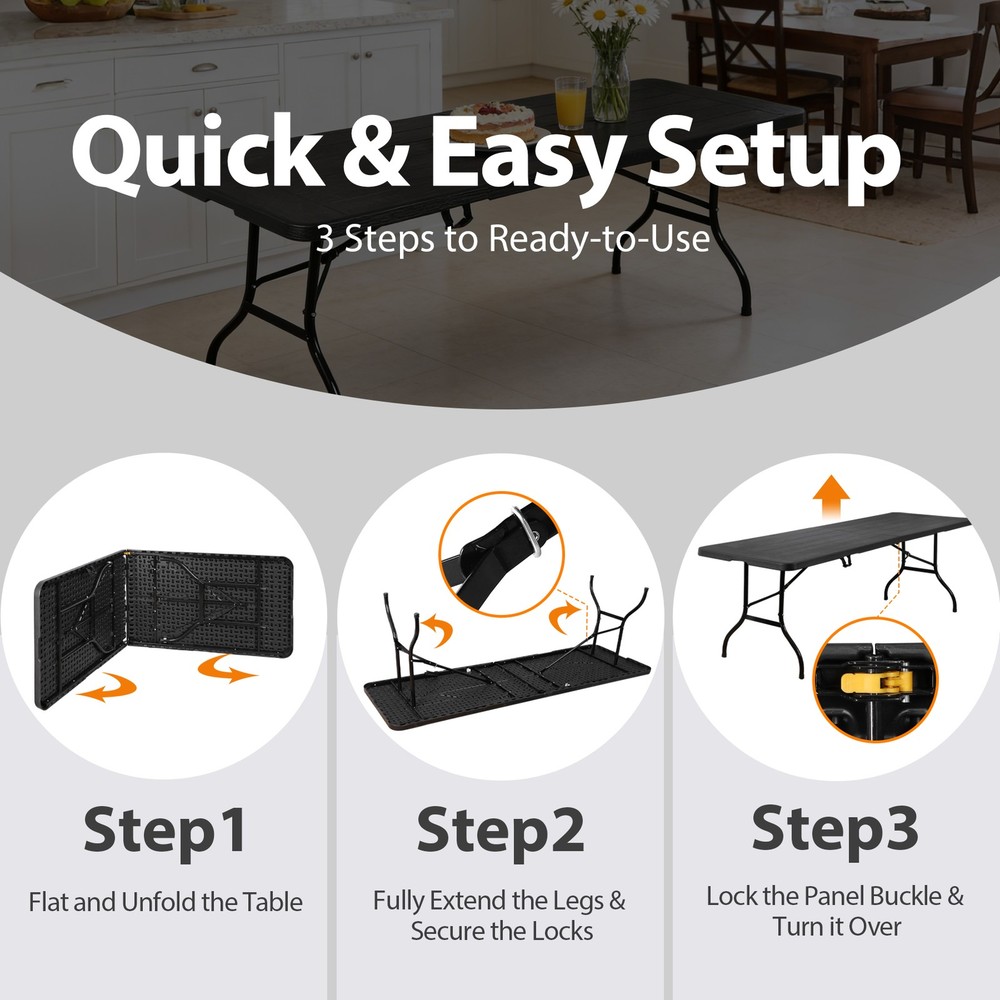 8FT Portable Folding Table Fold-in-Half Plastic Table for Dining Picnic Black