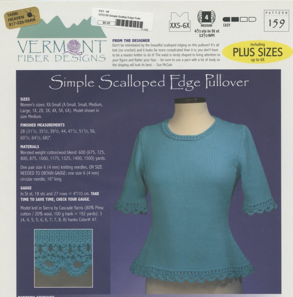 Vermont Fiber Designs Knitting Pattern 159 Simple Scallop Edge Pullover 28"-68"