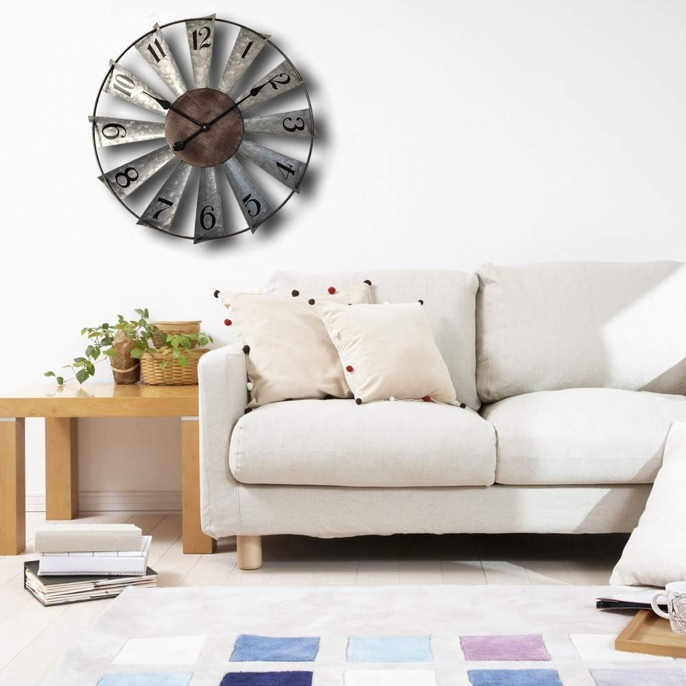 24Inch Windmill Distressed Metal Wall Clocks Rustic Large Decorative Clock Overs