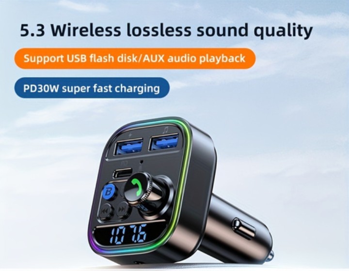 Wireless FM Transmitter for Car Wireless 5.3 Adapter Car Type C PD30W QC3.0 USB