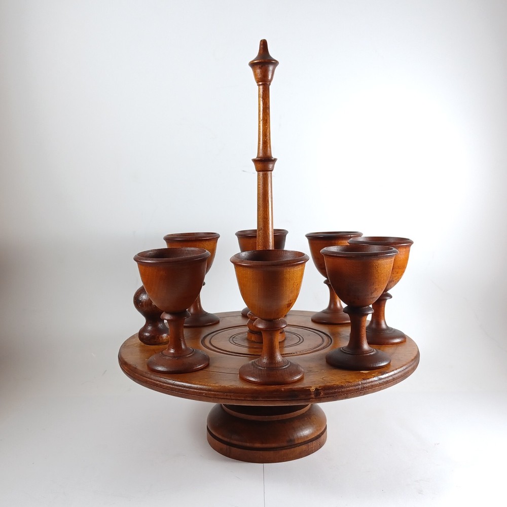 Antique Turned Walnut Wood Treen Egg Cup Carousel Cruet Set