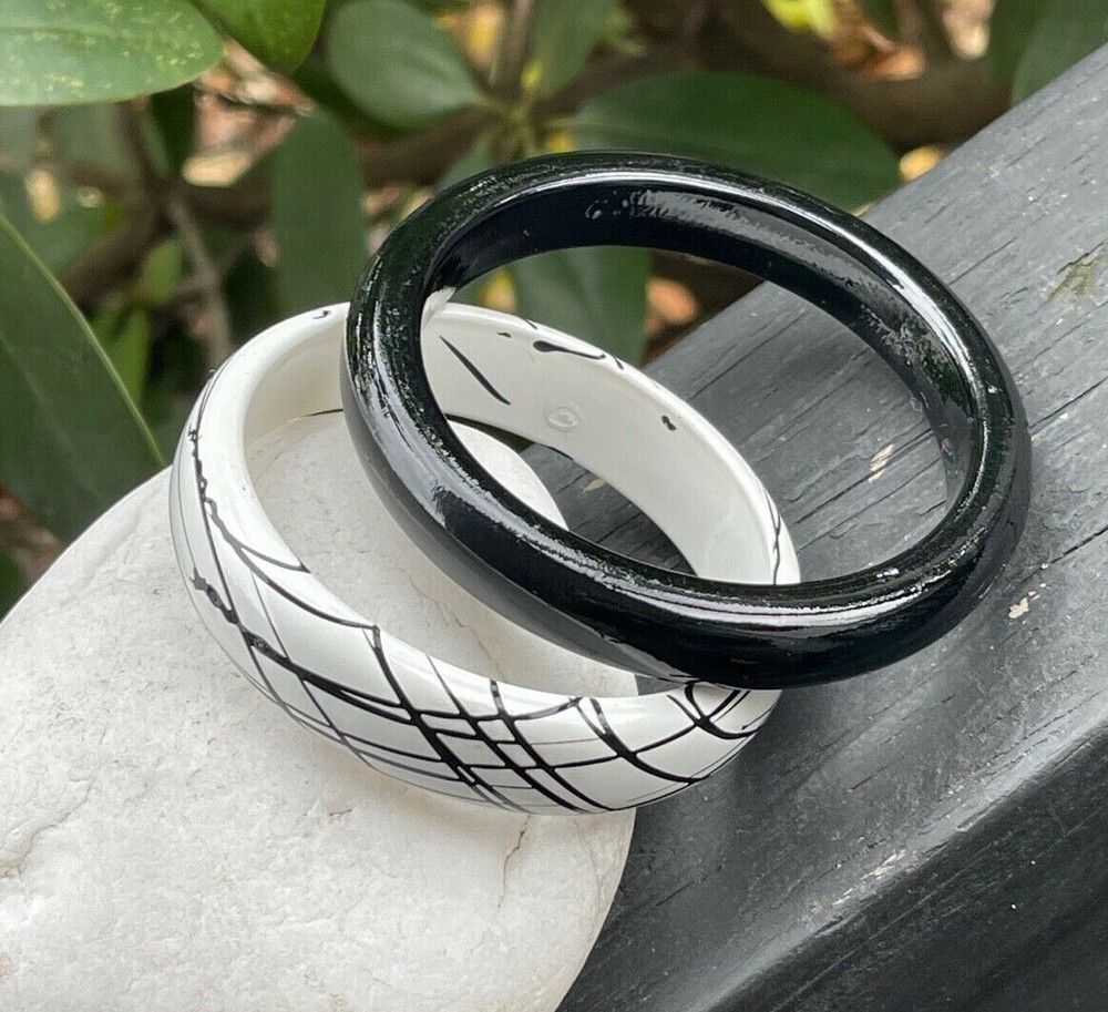 Two Early Plastic Molded Bangle Bracelets Black & White