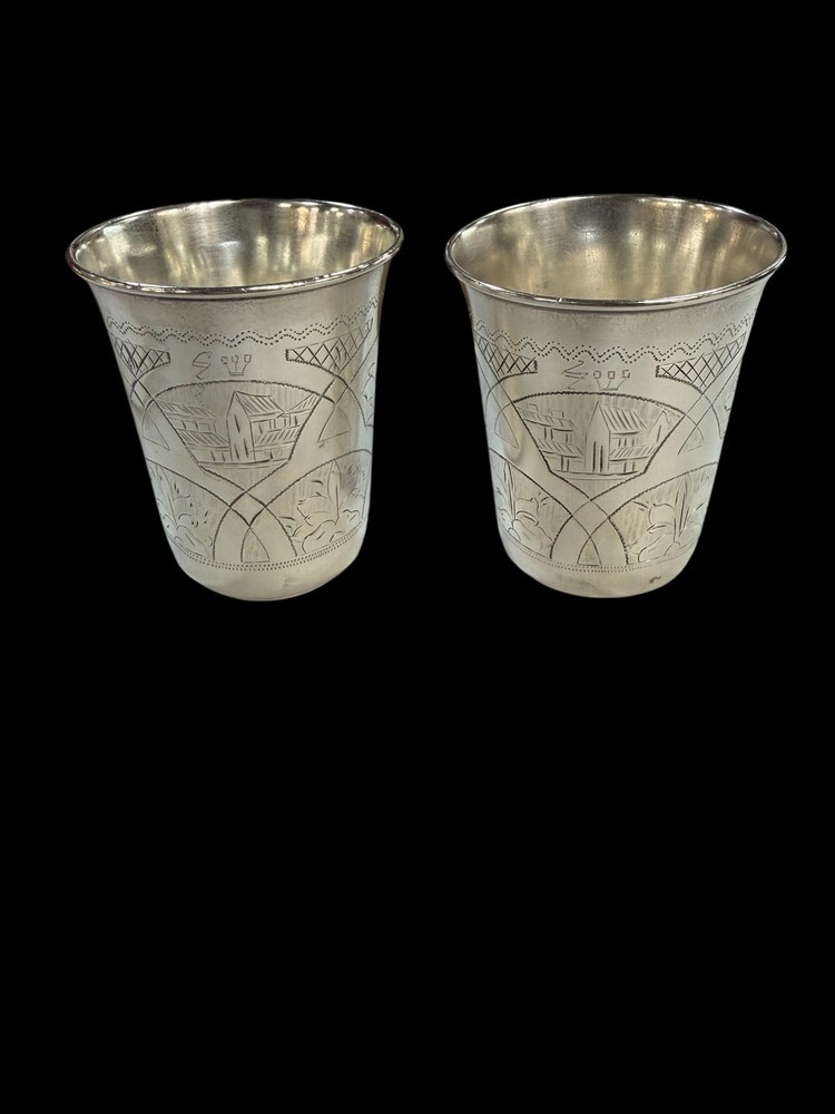 ANTIQUE RUSSIAN KIDDUSH CUPS PAIR SILVER 84 RUSSIAN