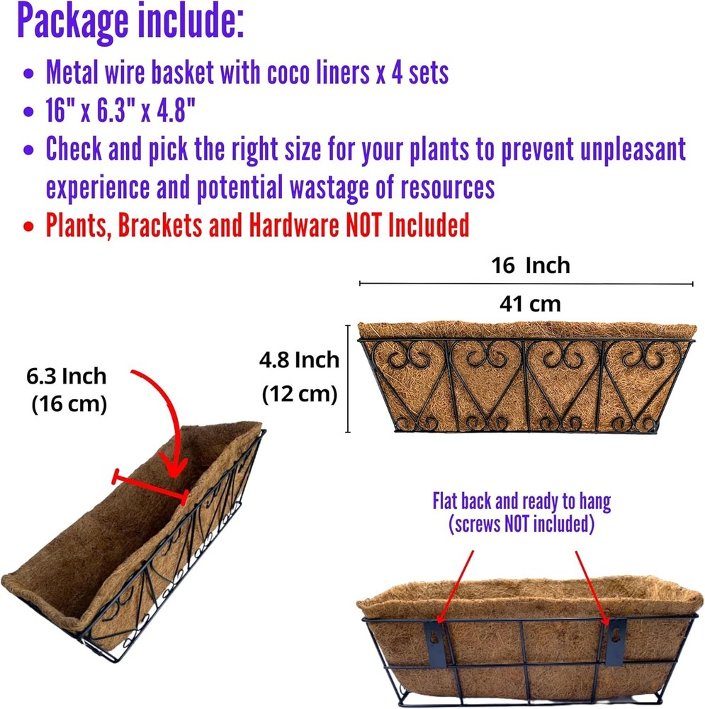 LaLaGreen Wal Planters - 4 Pack, 16 Inch Deck Railing Hanging Basket, Window ...
